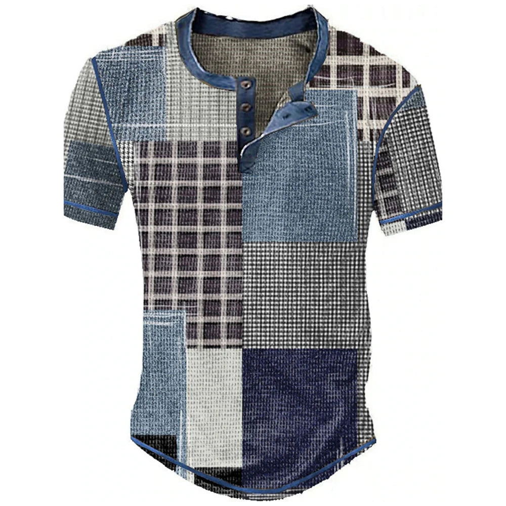 Color Block Patchwork Graphic 3D Print Henley Shirts Men's Vintage Fashion Oversized Short Sleeve T Shir… - product view 17