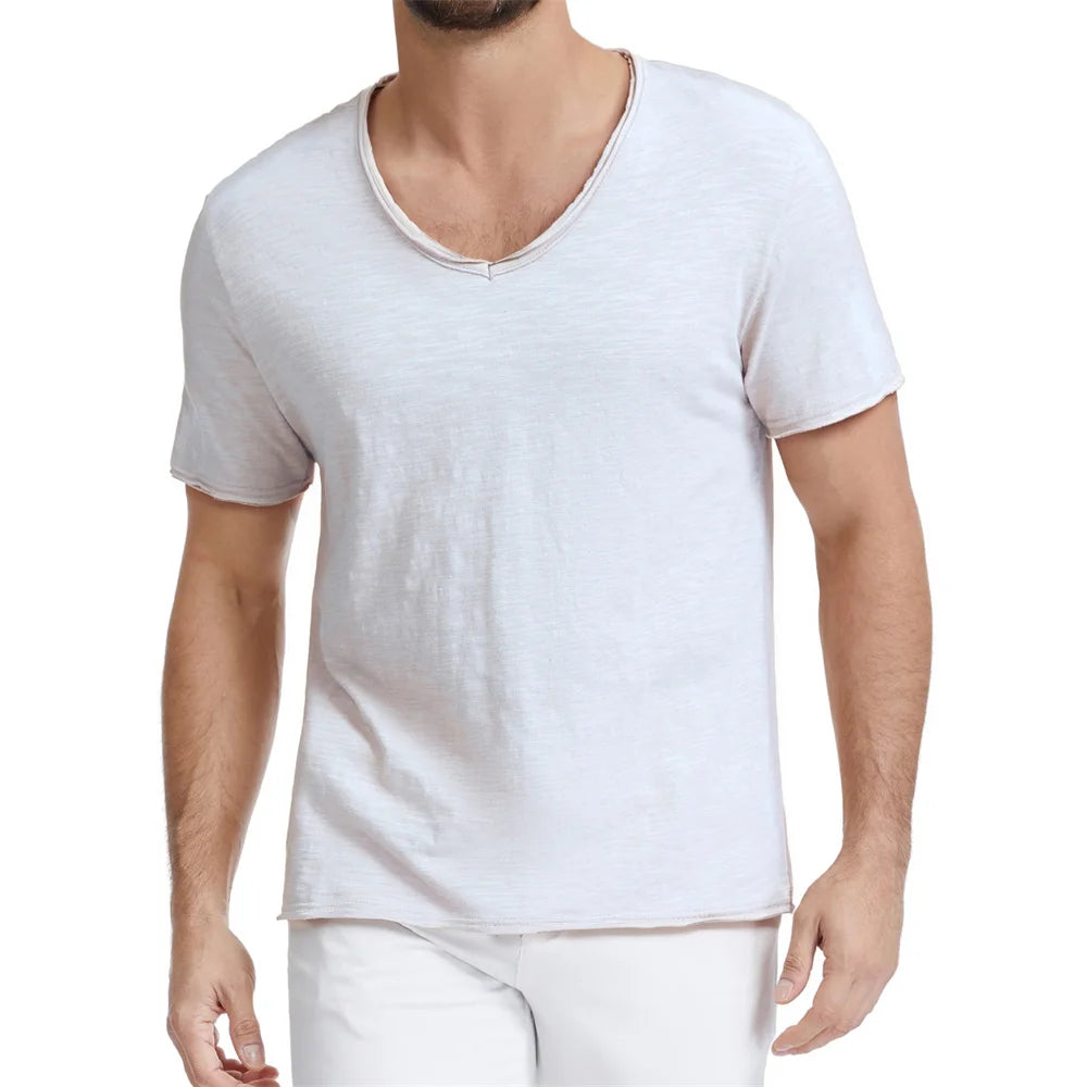 Men's Trendy Ripped Design T-shirt V-neck Slim Fit Comfortable Cotton Tops Stylish Solid Color Casual Sh… - product view 4