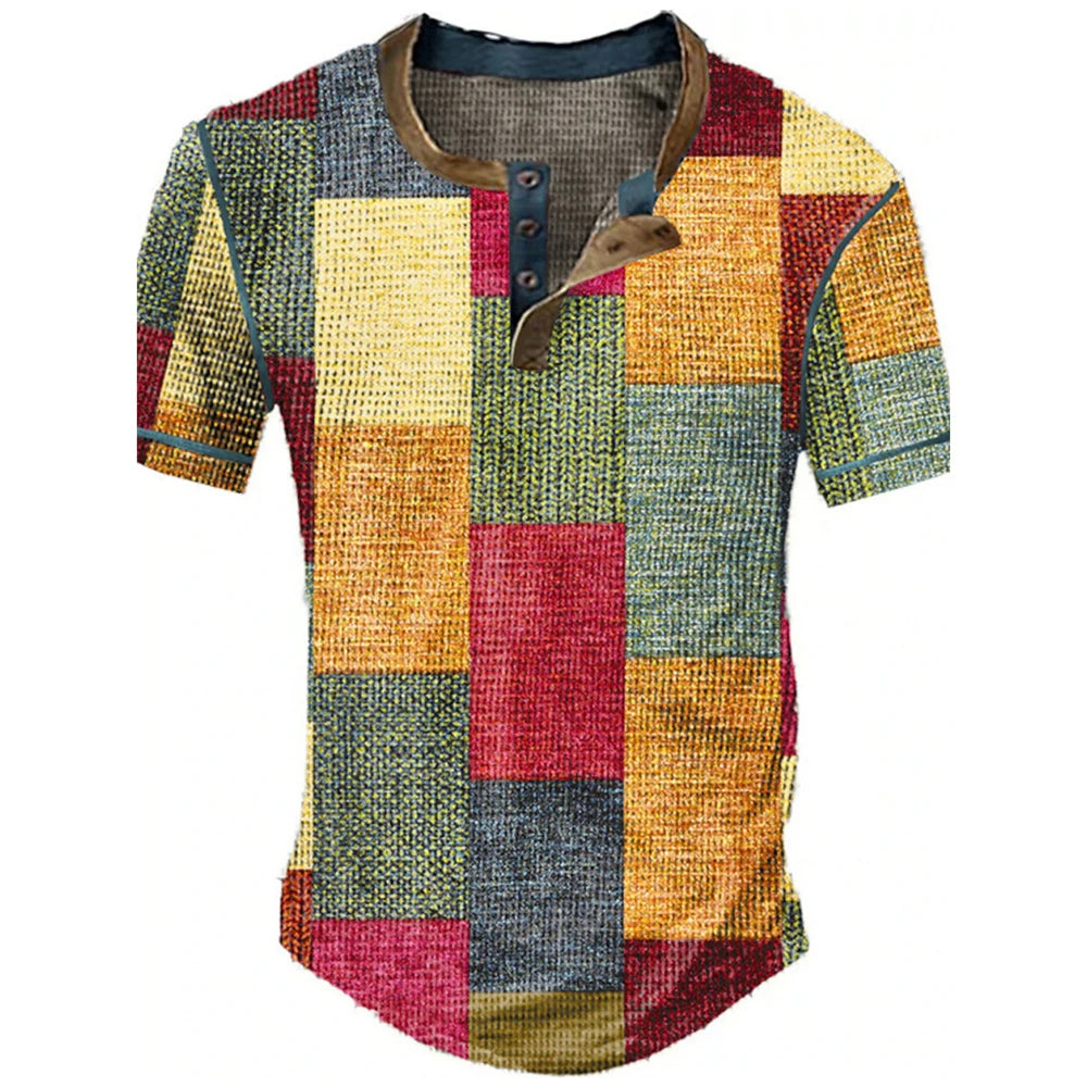 Color Block Patchwork Graphic 3D Print Henley Shirts Men's Vintage Fashion Oversized Short Sleeve T Shir… - product view 6