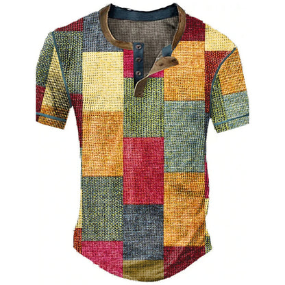 Color Block Patchwork Graphic 3D Print Henley Shirts Men's Vintage Fashion Oversized Short Sleeve T Shir… - product view 6