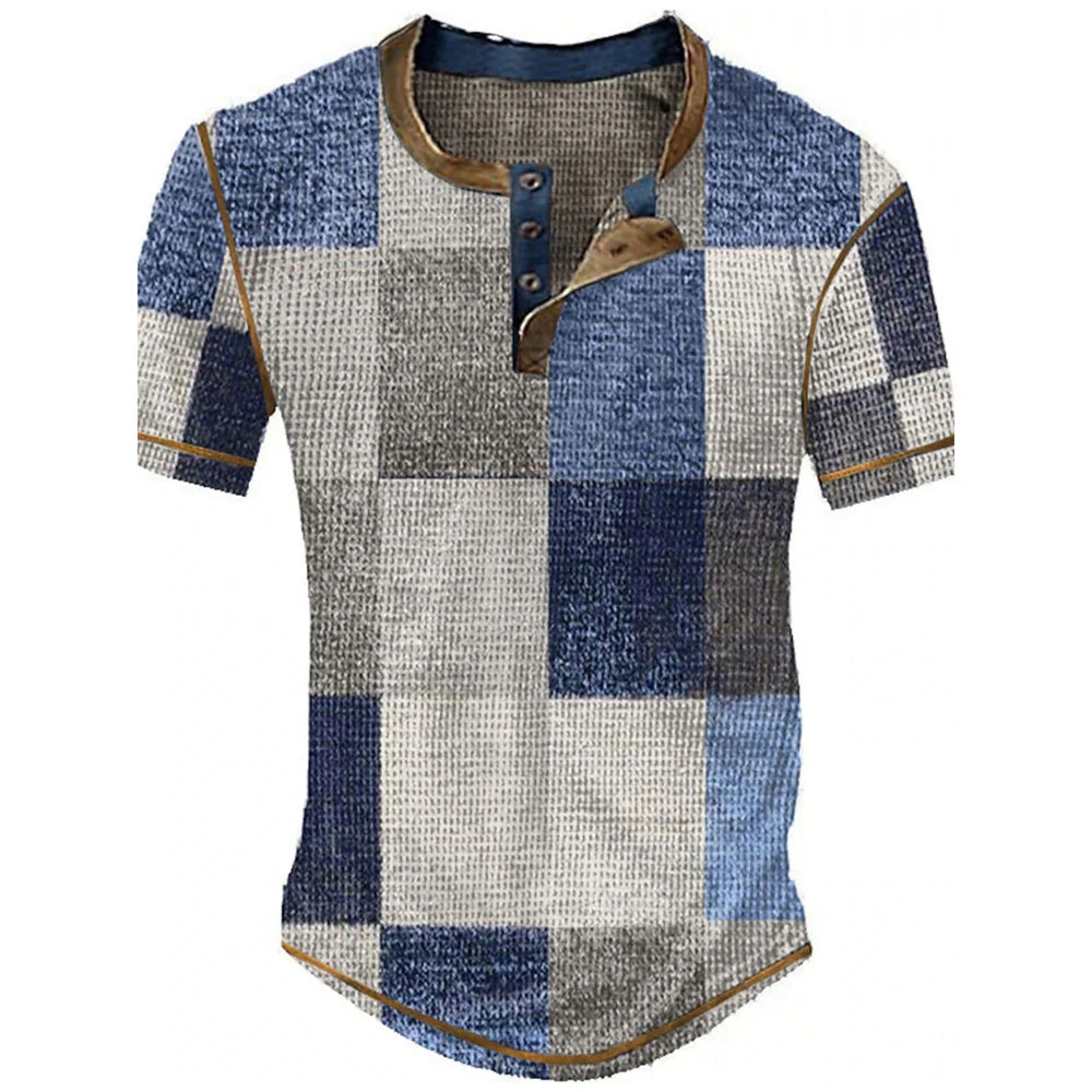 Color Block Patchwork Graphic 3D Print Henley Shirts Men's Vintage Fashion Oversized Short Sleeve T Shir… - product view 16