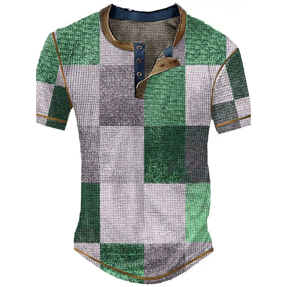 Color Block Patchwork Graphic 3D Print Henley Shirts Men's Vintage Fashion Oversized Short Sleeve T Shir… - product view 5