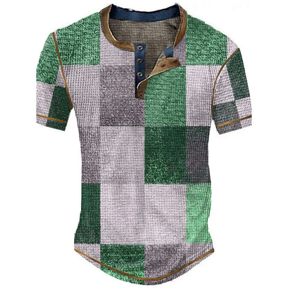 Color Block Patchwork Graphic 3D Print Henley Shirts Men's Vintage Fashion Oversized Short Sleeve T Shir… - product view 5