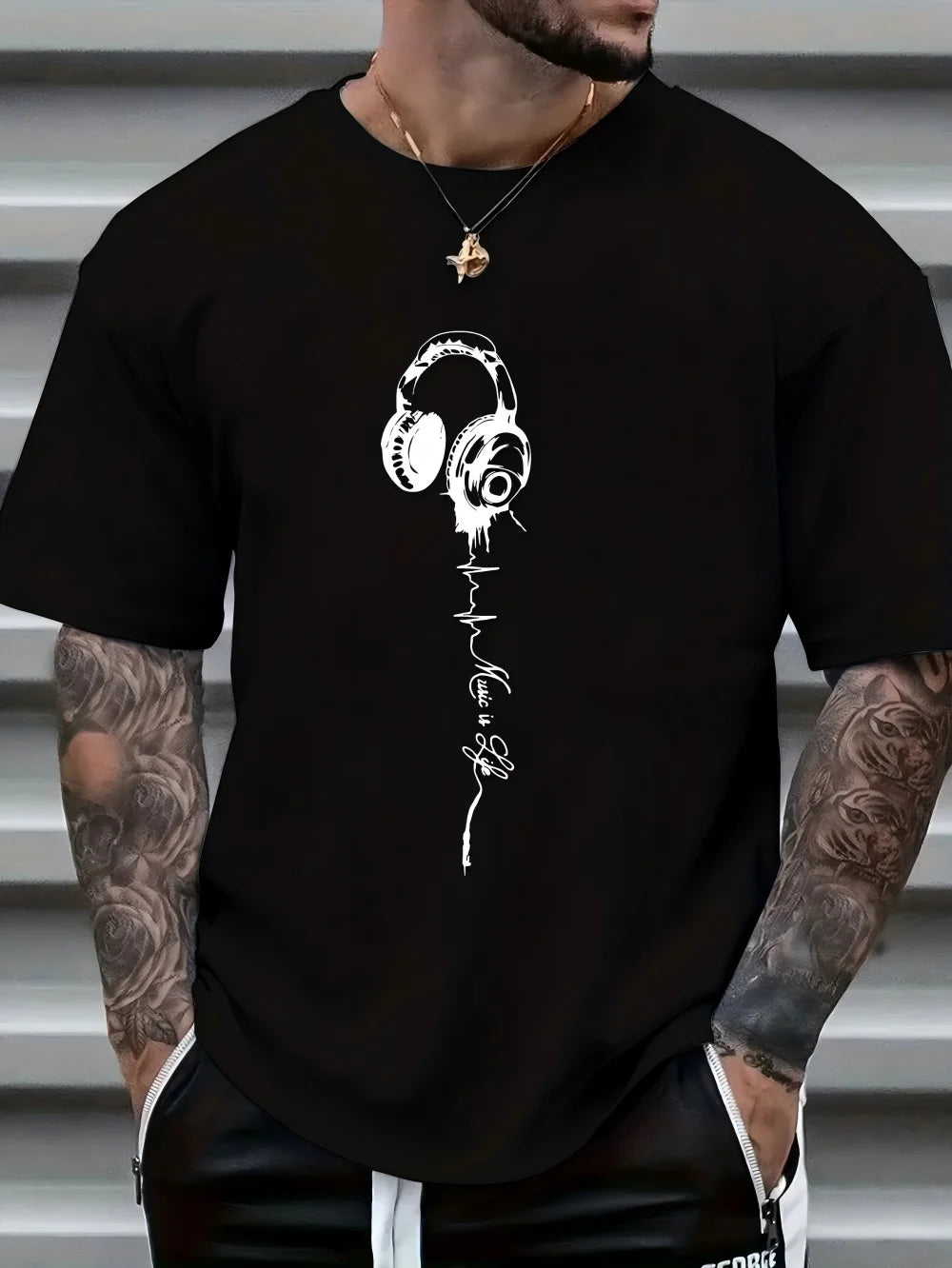 Men's summer earphones with letter print, breathable and comfortable round neck T-shirt, outdoor sports… - product view 8
