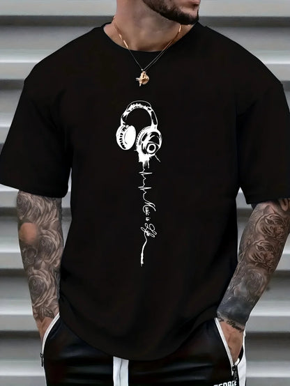 Men's summer earphones with letter print, breathable and comfortable round neck T-shirt, outdoor sports… - product view 8