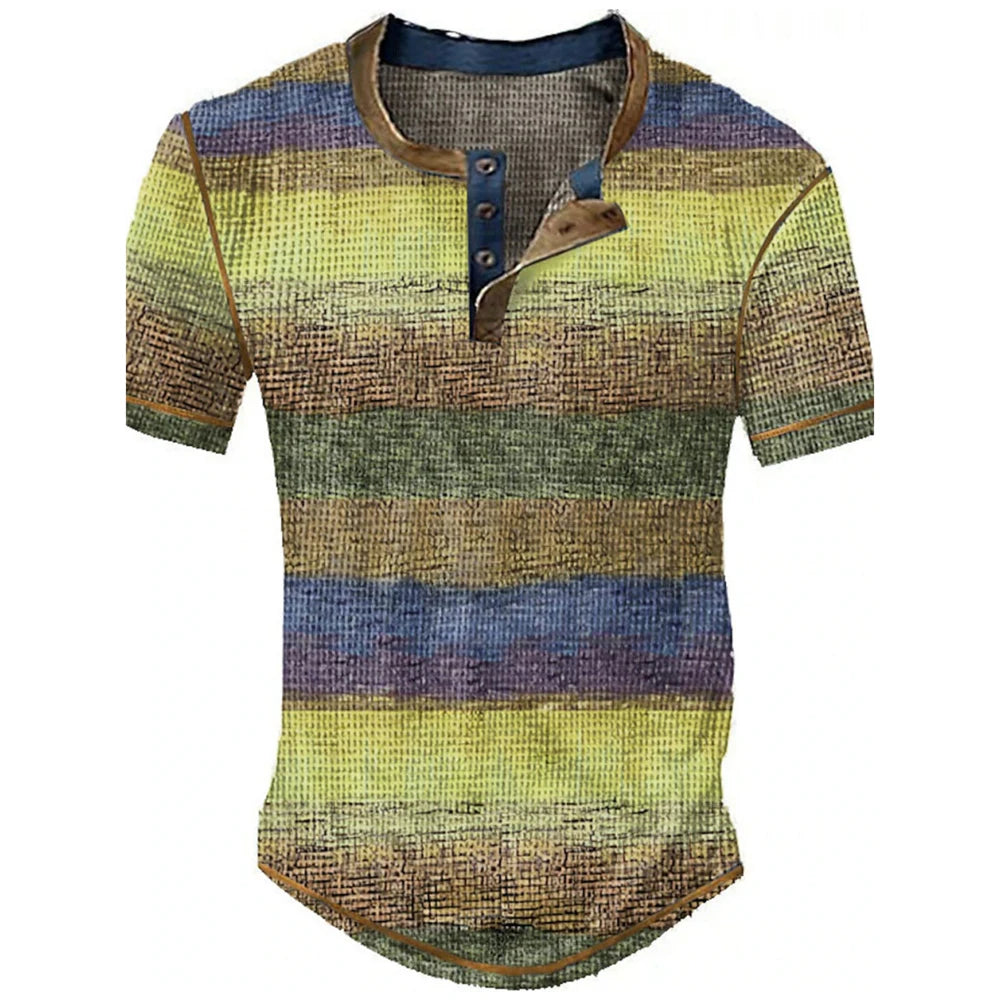 Color Block Patchwork Graphic 3D Print Henley Shirts Men's Vintage Fashion Oversized Short Sleeve T Shir… - product view 11