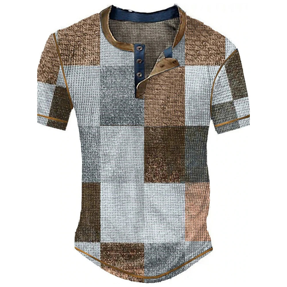 Color Block Patchwork Graphic 3D Print Henley Shirts Men's Vintage Fashion Oversized Short Sleeve T Shir… - product view 3