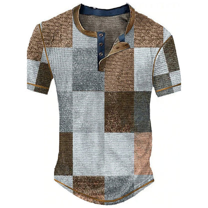 Color Block Patchwork Graphic 3D Print Henley Shirts Men's Vintage Fashion Oversized Short Sleeve T Shir… - product view 3