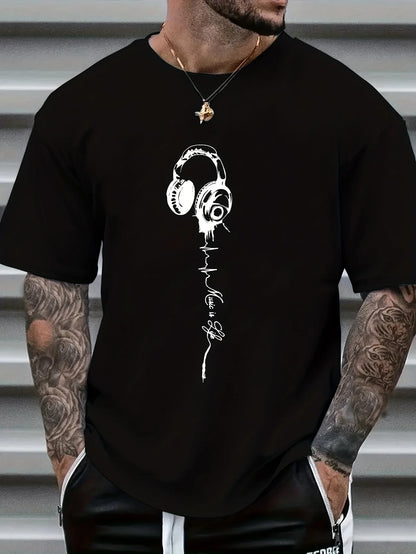 Men's summer earphones with letter print, breathable and comfortable round neck T-shirt, outdoor sports… - product view 2