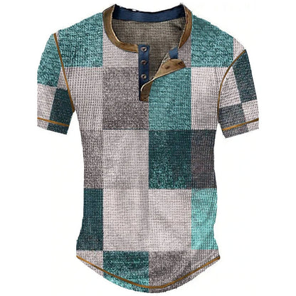 Color Block Patchwork Graphic 3D Print Henley Shirts Men's Vintage Fashion Oversized Short Sleeve T Shir… - product view 15