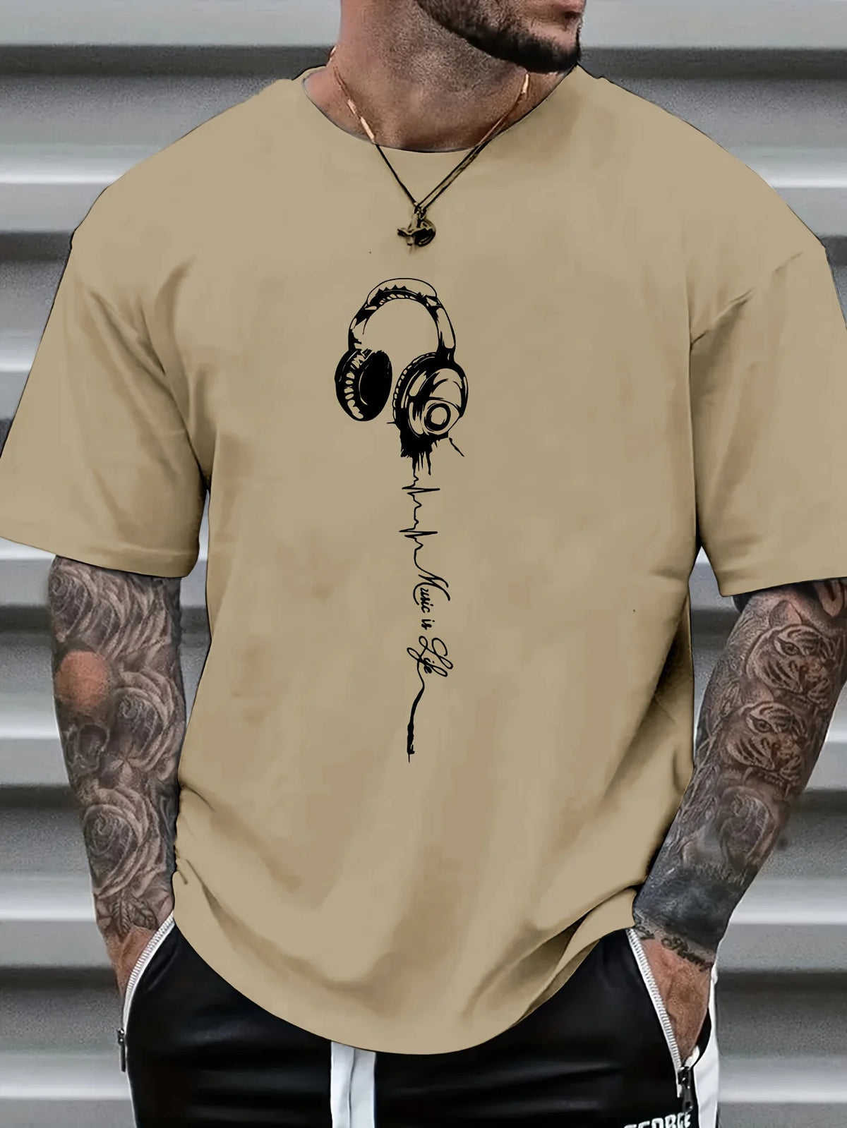 Men's summer earphones with letter print, breathable and comfortable round neck T-shirt, outdoor sports… - product view 3