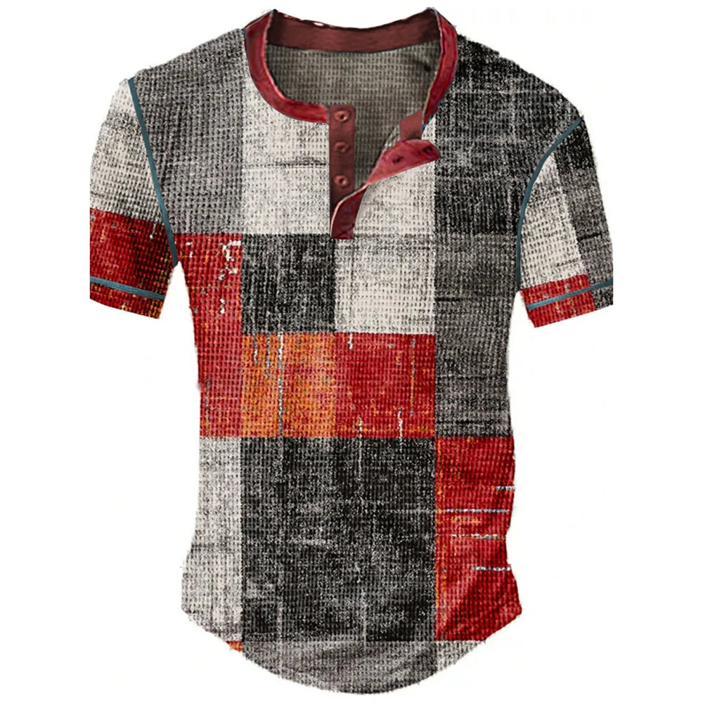 Color Block Patchwork Graphic 3D Print Henley Shirts Men's Vintage Fashion Oversized Short Sleeve T Shir… - product view 13
