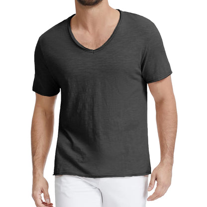 Men's Trendy Ripped Design T-shirt V-neck Slim Fit Comfortable Cotton Tops Stylish Solid Color Casual Sh… - product view 3