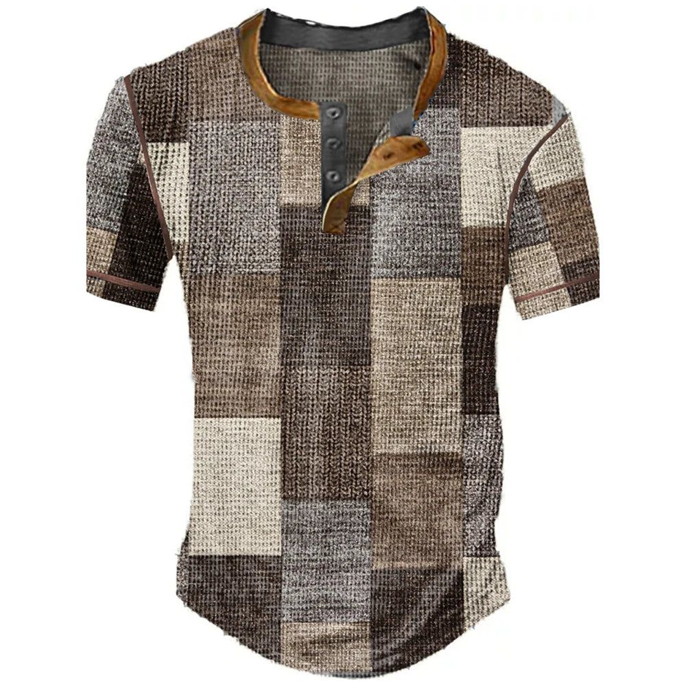 Color Block Patchwork Graphic 3D Print Henley Shirts Men's Vintage Fashion Oversized Short Sleeve T Shir… - product view 14