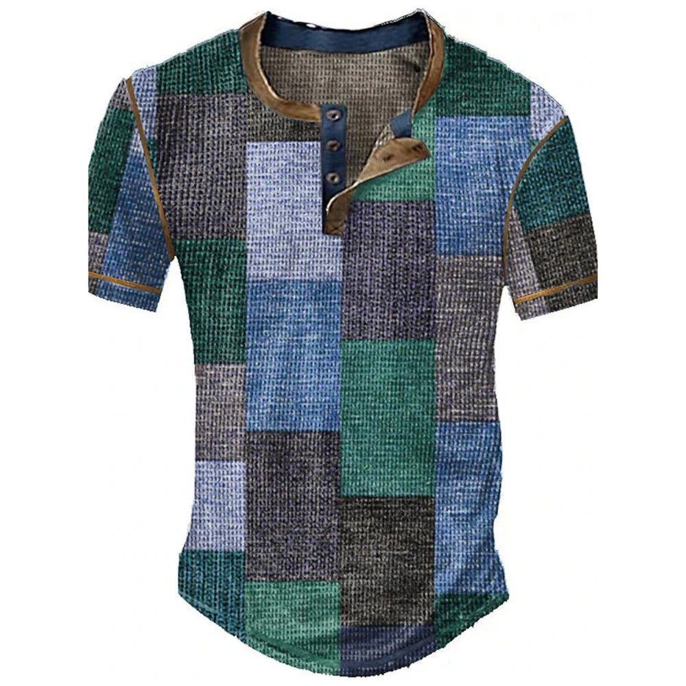 Color Block Patchwork Graphic 3D Print Henley Shirts Men's Vintage Fashion Oversized Short Sleeve T Shir… - product view 4