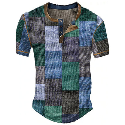 Color Block Patchwork Graphic 3D Print Henley Shirts Men's Vintage Fashion Oversized Short Sleeve T Shir… - product view 4