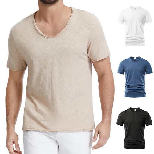 Men's Trendy Ripped Design T-shirt V-neck Slim Fit Comfortable Cotton Tops Stylish Solid Color Casual Sh…
