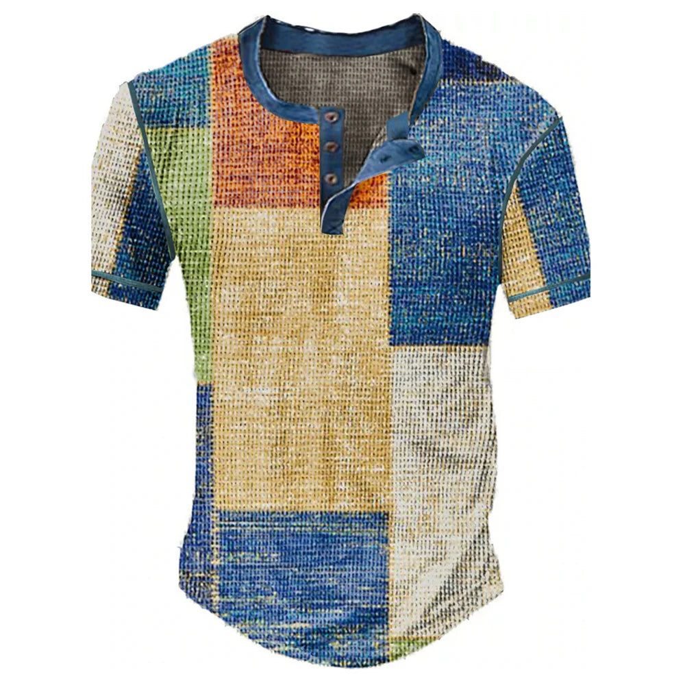 Color Block Patchwork Graphic 3D Print Henley Shirts Men's Vintage Fashion Oversized Short Sleeve T Shir… - product view 2