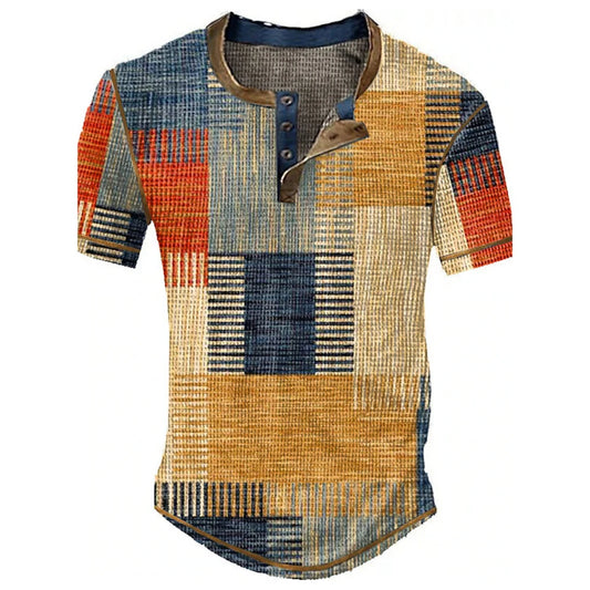 Color Block Patchwork Graphic 3D Print Henley Shirts Men's Vintage Fashion Oversized Short Sleeve T Shir…