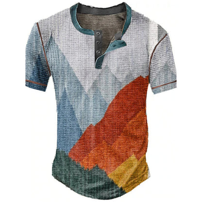 Color Block Patchwork Graphic 3D Print Henley Shirts Men's Vintage Fashion Oversized Short Sleeve T Shir… - product view 20