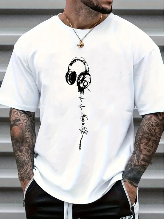 Men's summer earphones with letter print, breathable and comfortable round neck T-shirt, outdoor sports…