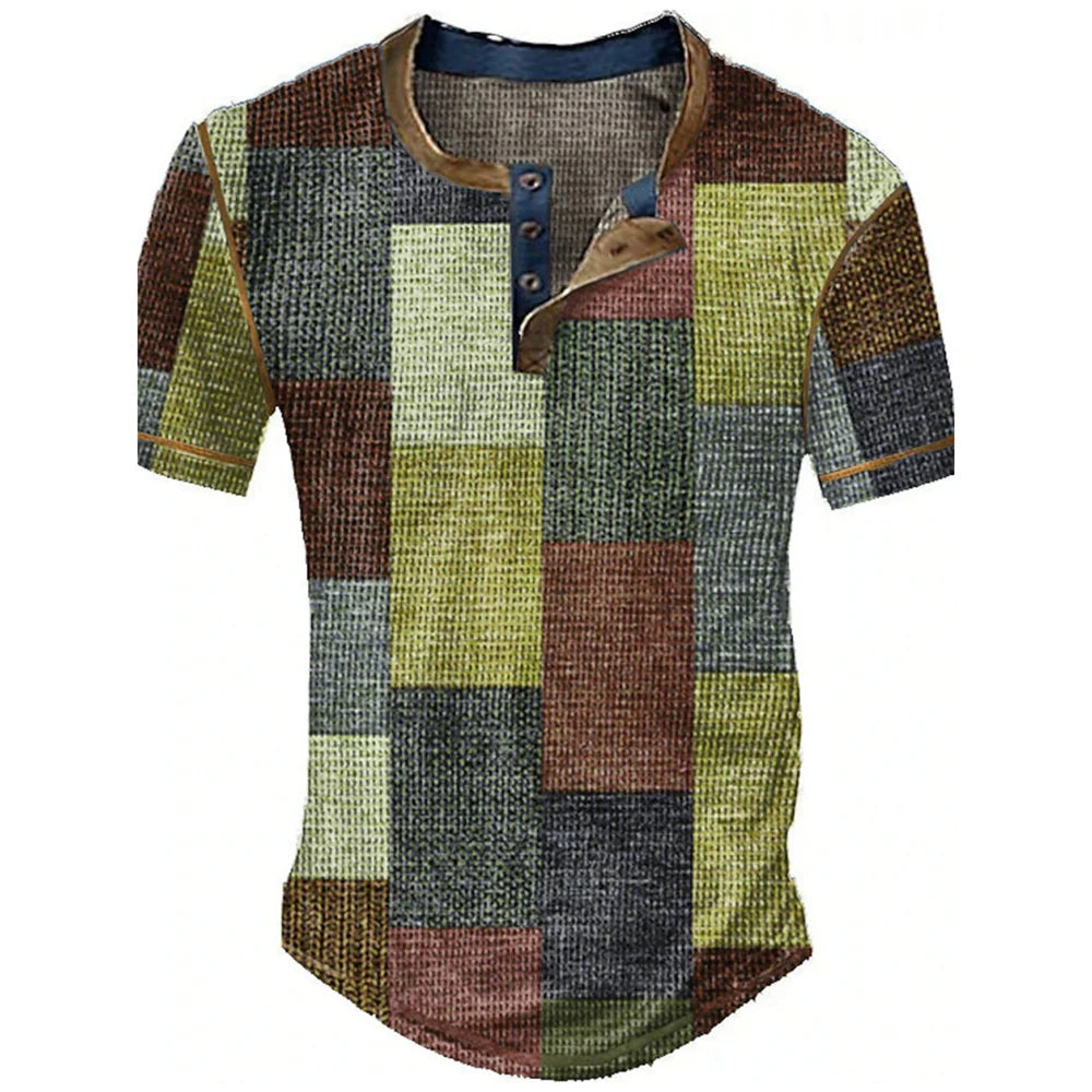 Color Block Patchwork Graphic 3D Print Henley Shirts Men's Vintage Fashion Oversized Short Sleeve T Shir… - product view 18