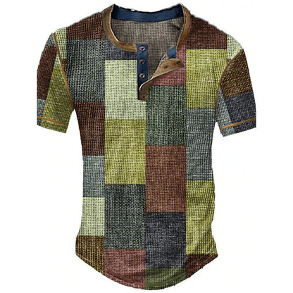 Color Block Patchwork Graphic 3D Print Henley Shirts Men's Vintage Fashion Oversized Short Sleeve T Shir… - product view 18