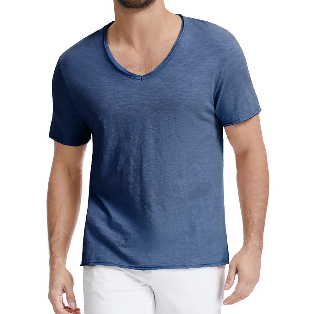 Men's Trendy Ripped Design T-shirt V-neck Slim Fit Comfortable Cotton Tops Stylish Solid Color Casual Sh… - product view 2