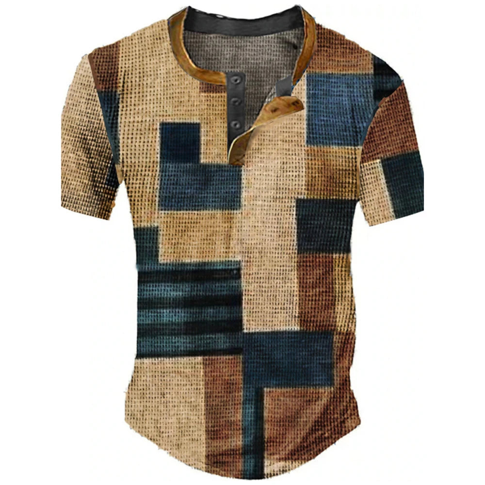 Color Block Patchwork Graphic 3D Print Henley Shirts Men's Vintage Fashion Oversized Short Sleeve T Shir… - product view 9