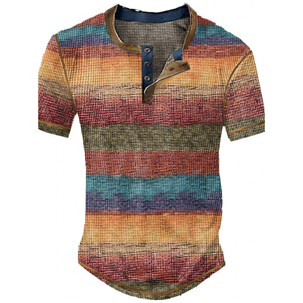 Color Block Patchwork Graphic 3D Print Henley Shirts Men's Vintage Fashion Oversized Short Sleeve T Shir… - product view 7