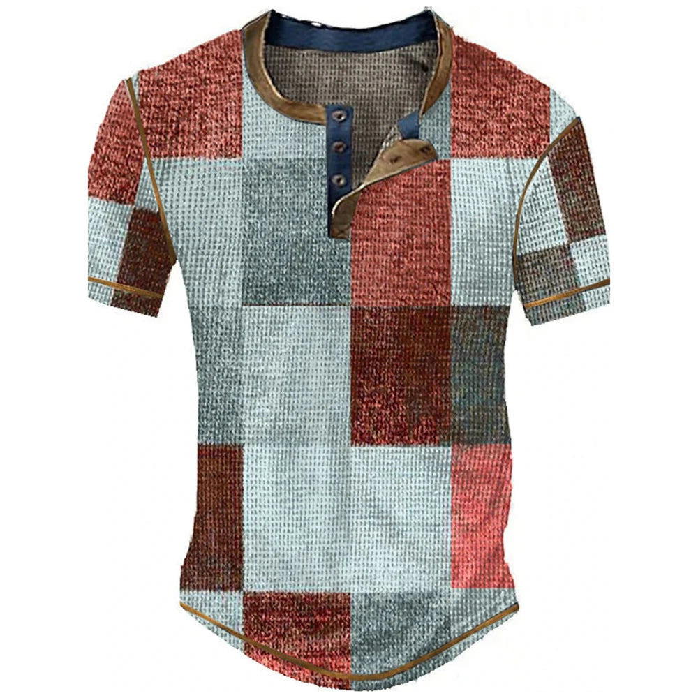 Color Block Patchwork Graphic 3D Print Henley Shirts Men's Vintage Fashion Oversized Short Sleeve T Shir… - product view 19
