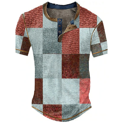 Color Block Patchwork Graphic 3D Print Henley Shirts Men's Vintage Fashion Oversized Short Sleeve T Shir… - product view 19
